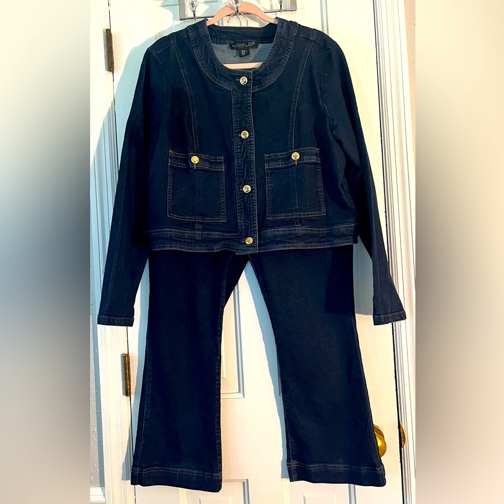 EUC Rachel Zoe Women's 2-piece Dark Wash Stretch Denim Jacket and Pants - Picture 2 of 11